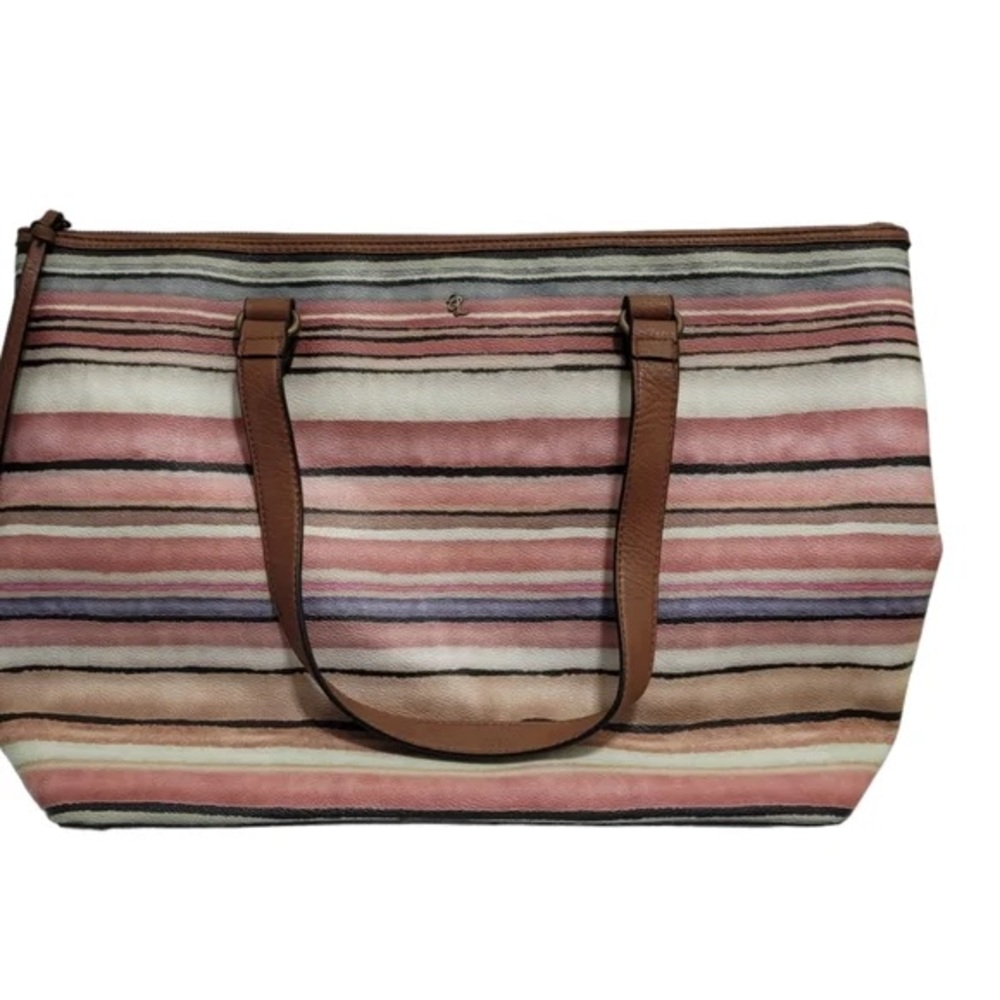 Striped Tote Bag with Brown Handles